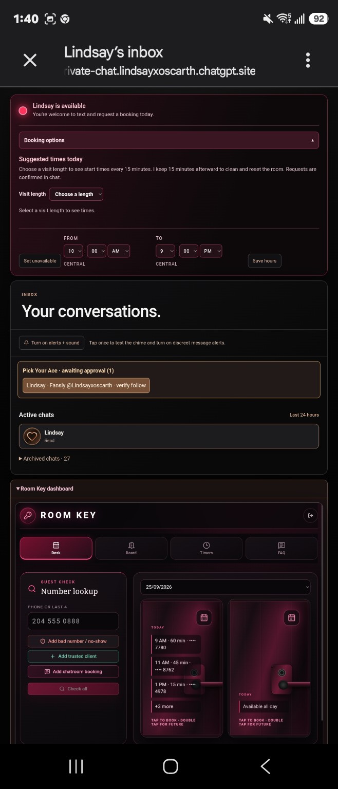 Admin inbox with booking controls and the Room Key dashboard